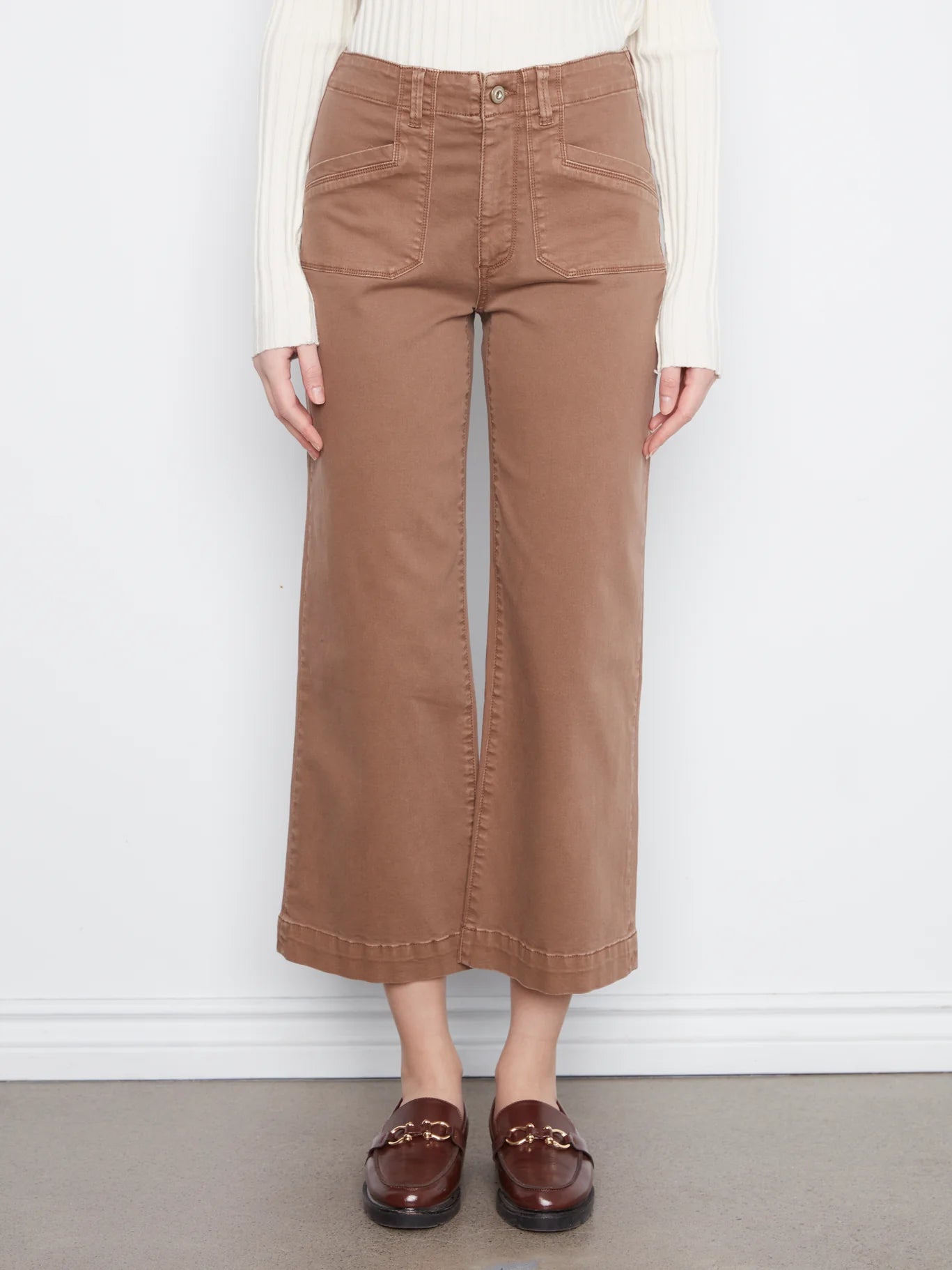Charlie B Lola Double Pocket 27" Wide Leg Color Twill Pants in brown with front pockets and button closure by Charlie B