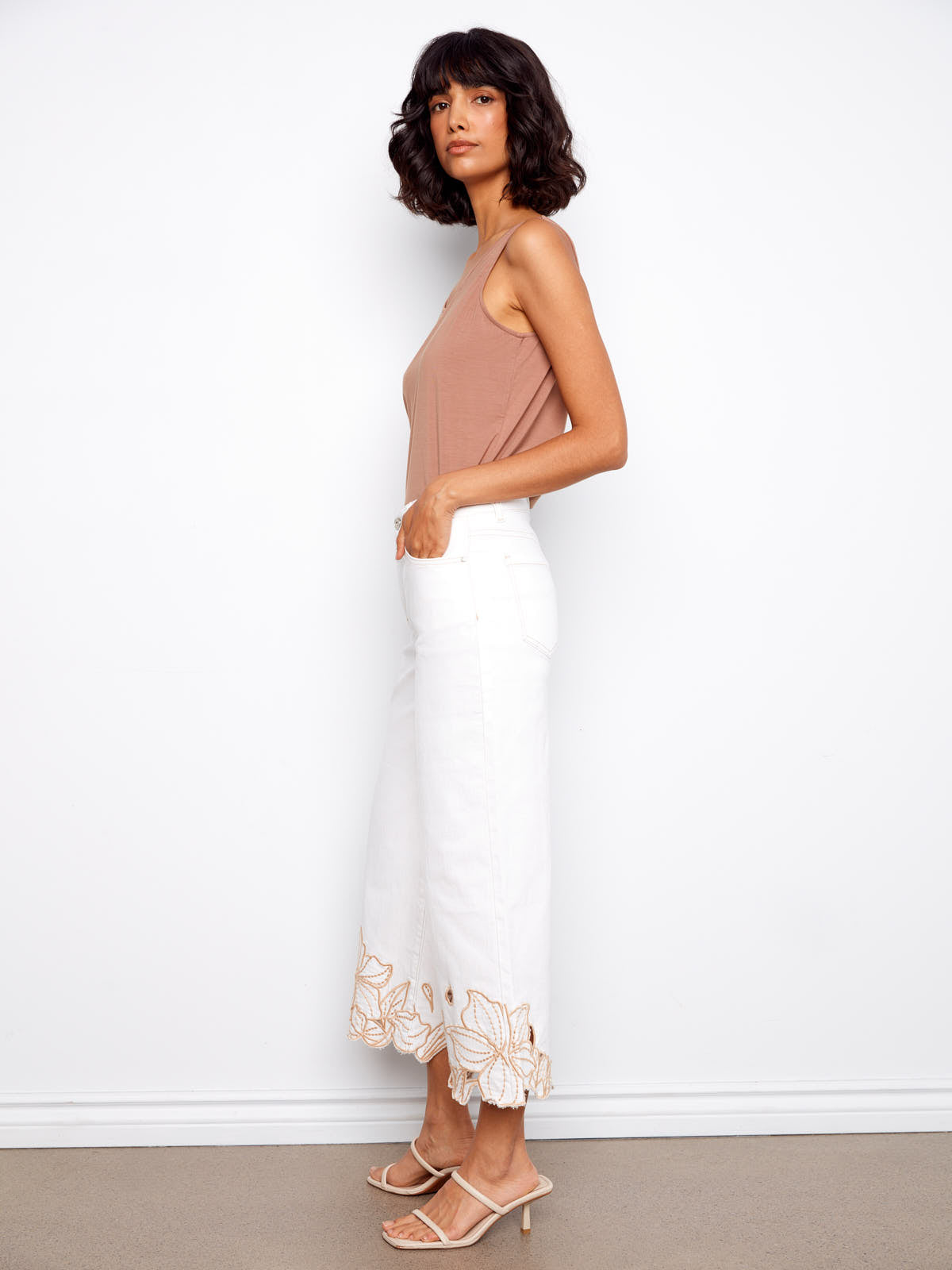 White denim wide capris with floral embroidery at hem from Charlie B Golden Rose Wide Denim Capris by Charlie B.