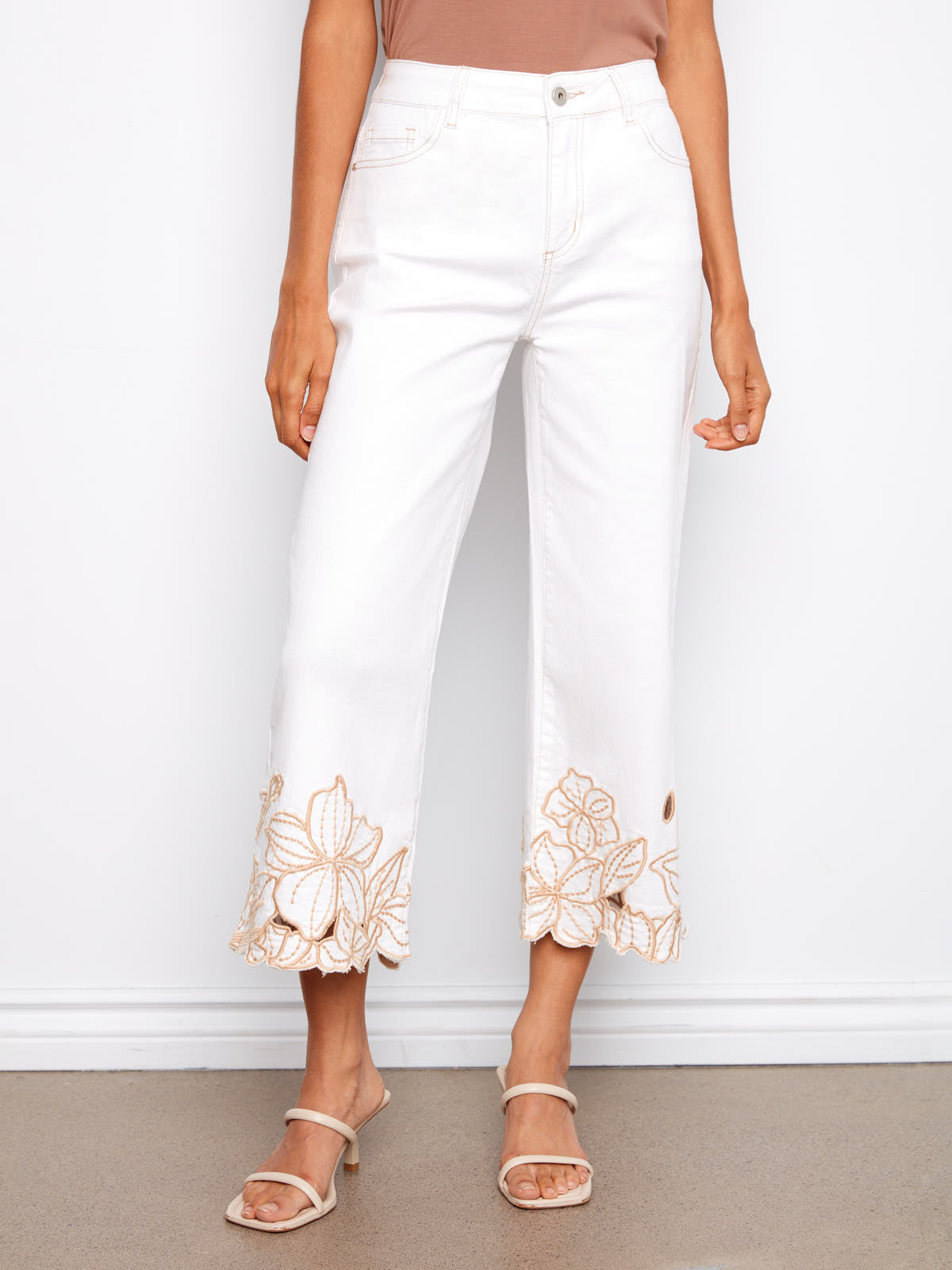 Charlie B Golden Rose Wide Denim Capris in white with floral embroidery and a wide leg cut by Charlie B