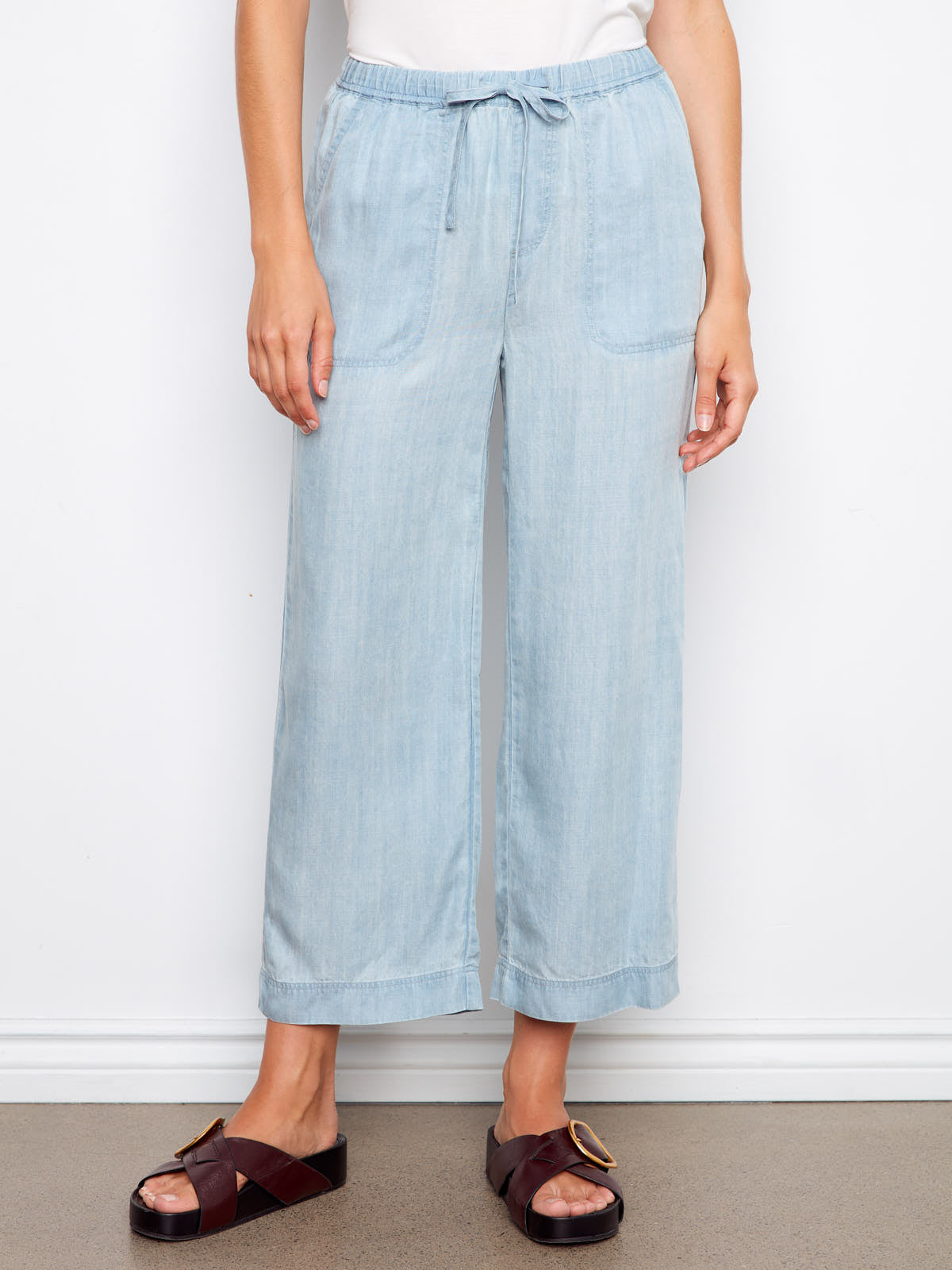 Light blue relaxed fit Charlie B Travel 4 Tencel Cropped Pant with front pockets and drawstring waist by Charlie B.