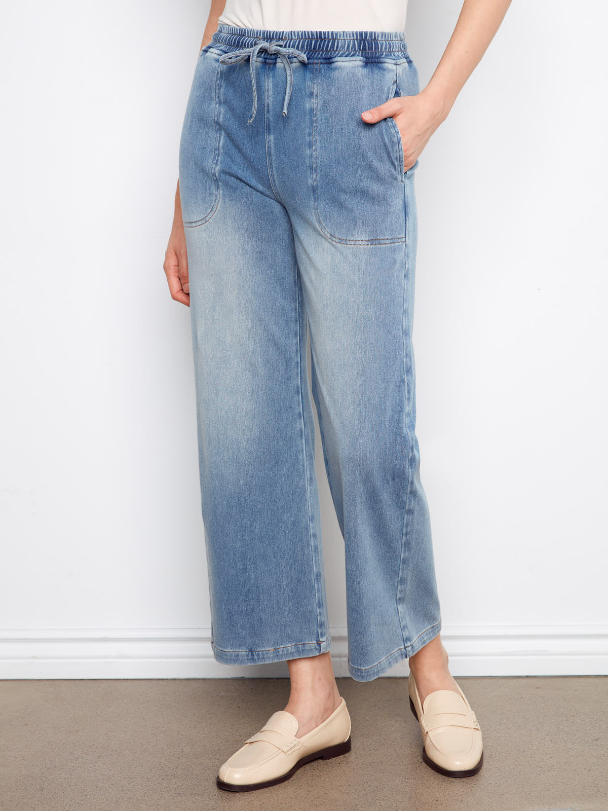 Charlie B Nautical Tie Waist Denim Pant in light wash denim with elastic tie waist and front pockets by Charlie B