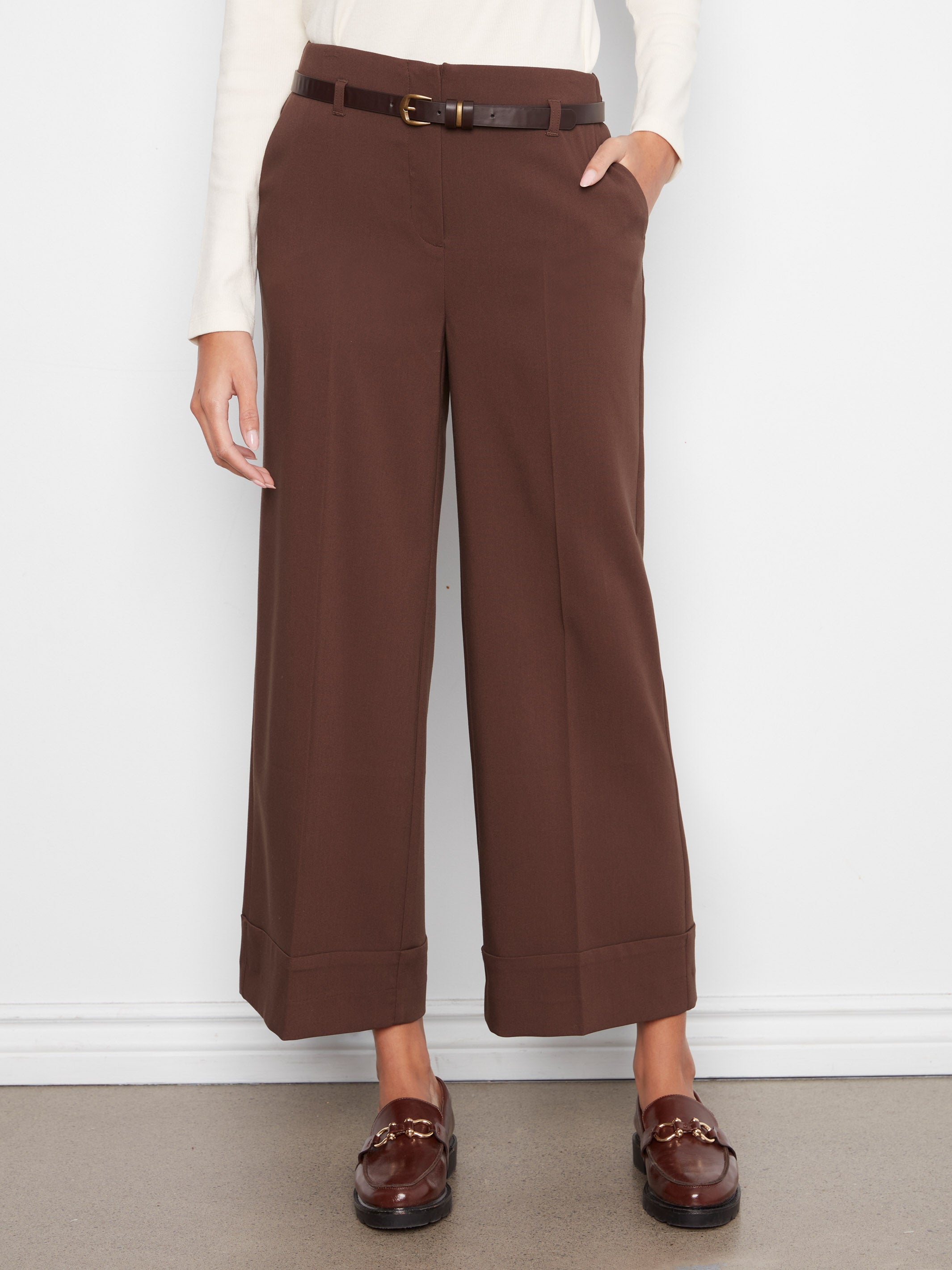 Charlie B Dressy or Casual Cuff Belt 27" Pants in brown with a matching belt and gold buckle detail by Charlie B.