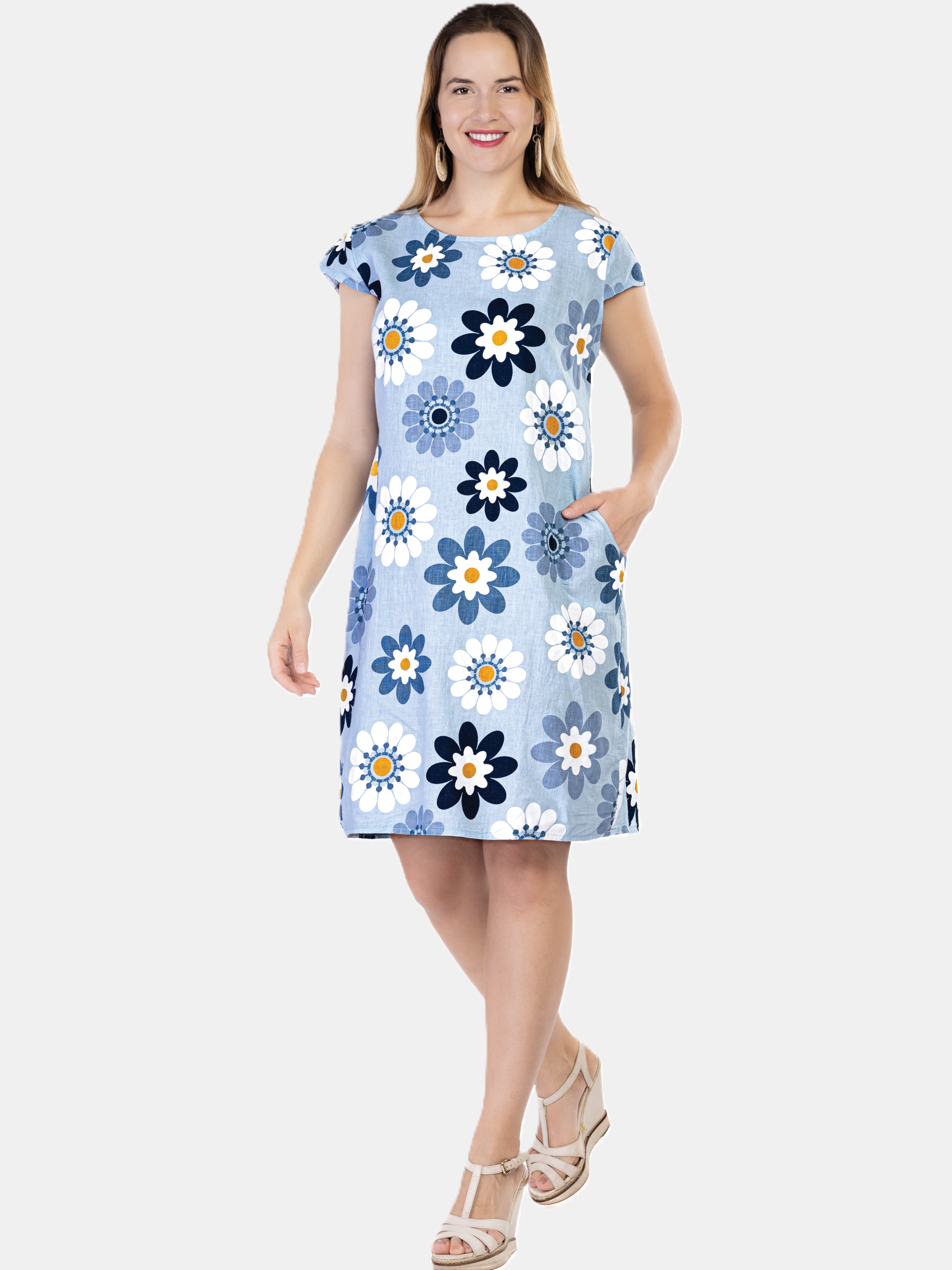 Blue Daisy Short Sleeve Linen Pocket Dress by Cherishh in light blue with large floral print and casual silhouette