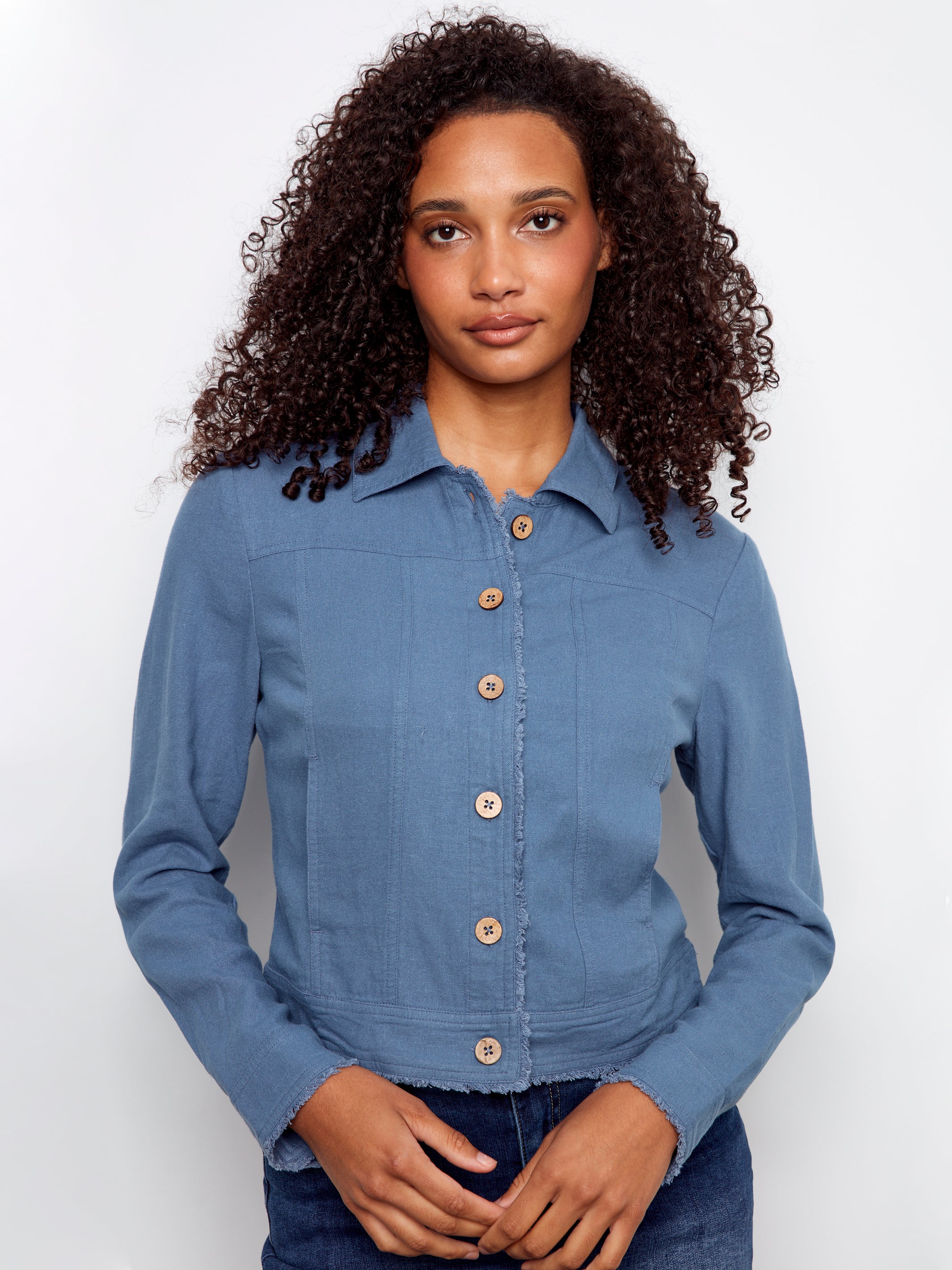 Blue button-up Charlie B Linen Jacket in denim style with frayed edges and long sleeves by Charlie B