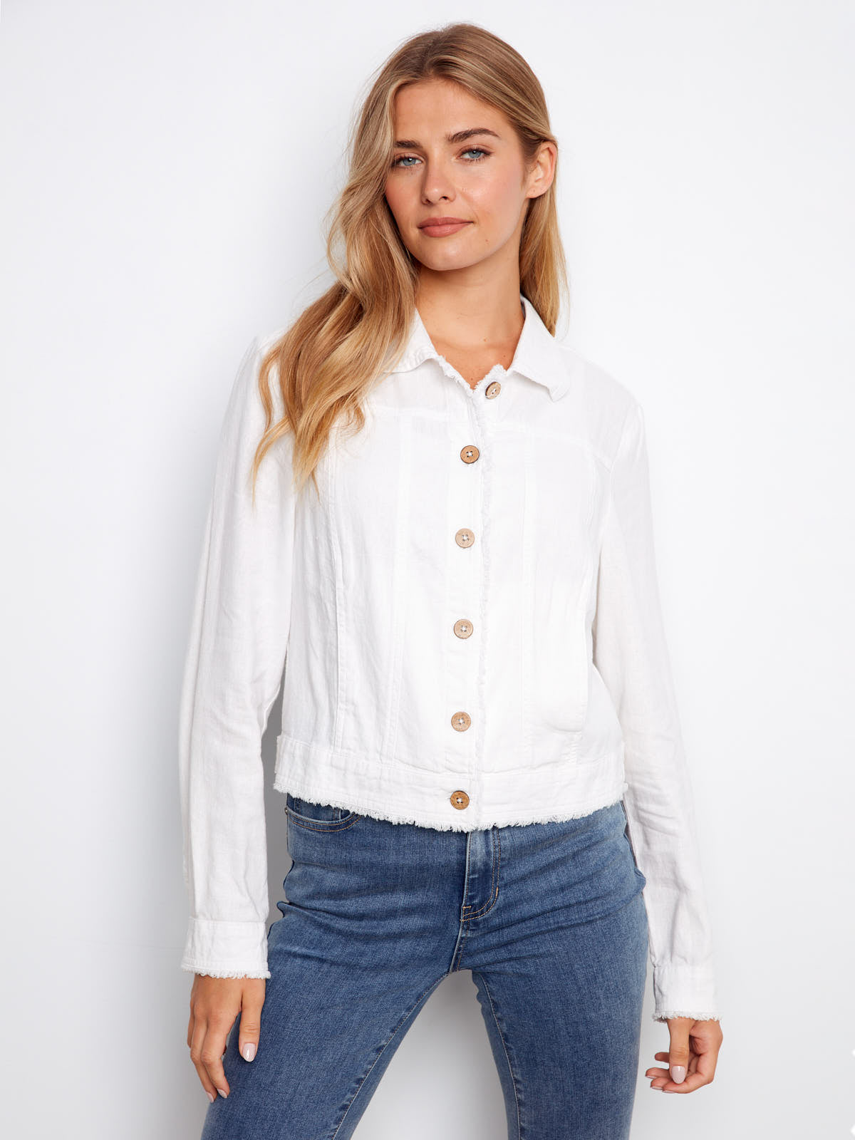 White linen button-up Charlie B Linen Jacket with collar and frayed hem styled with blue jeans from Charlie B.