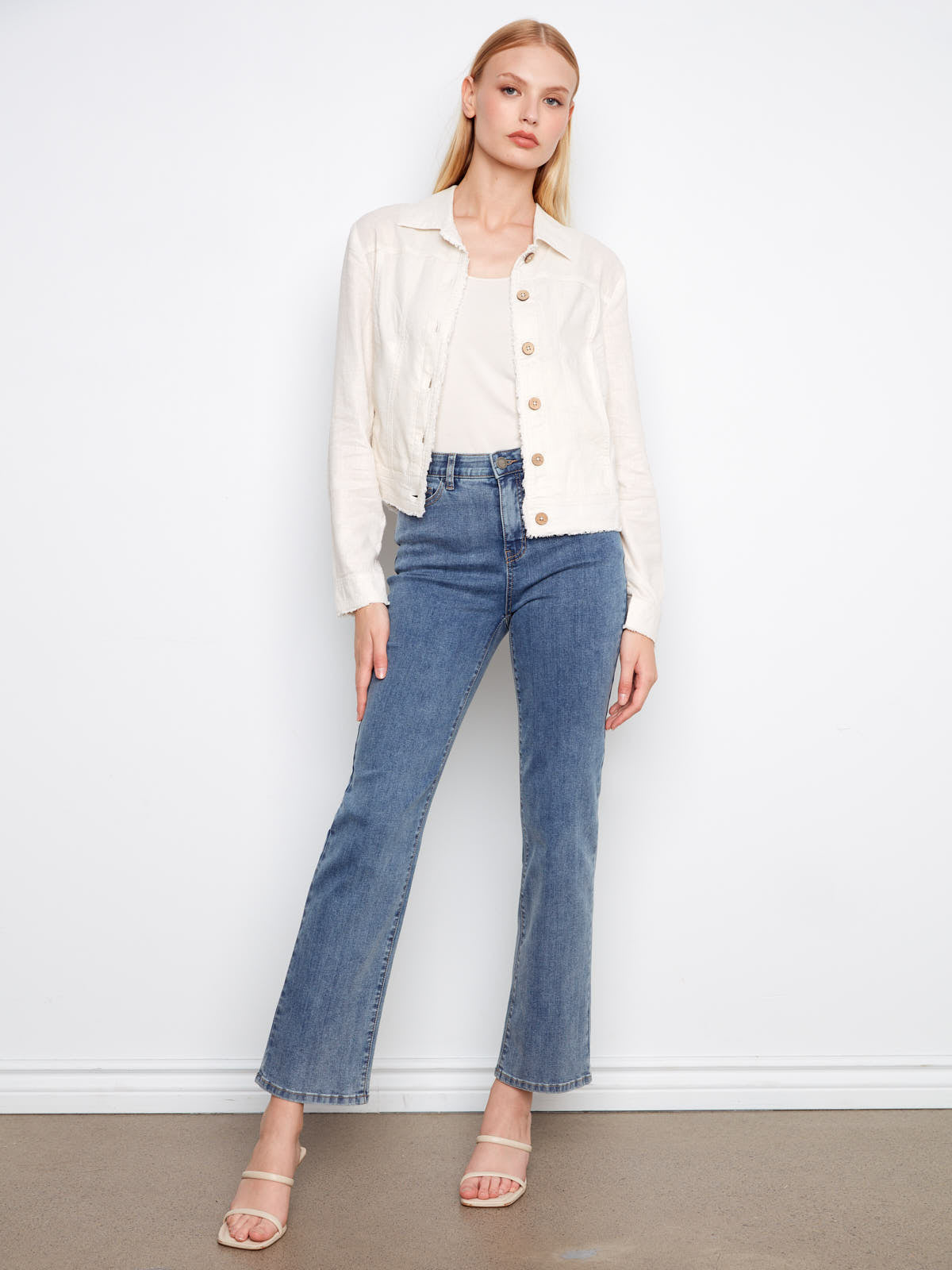 Charlie B Foiled Linen Jacket in champagne color styled with casual denim jeans by Charlie B.