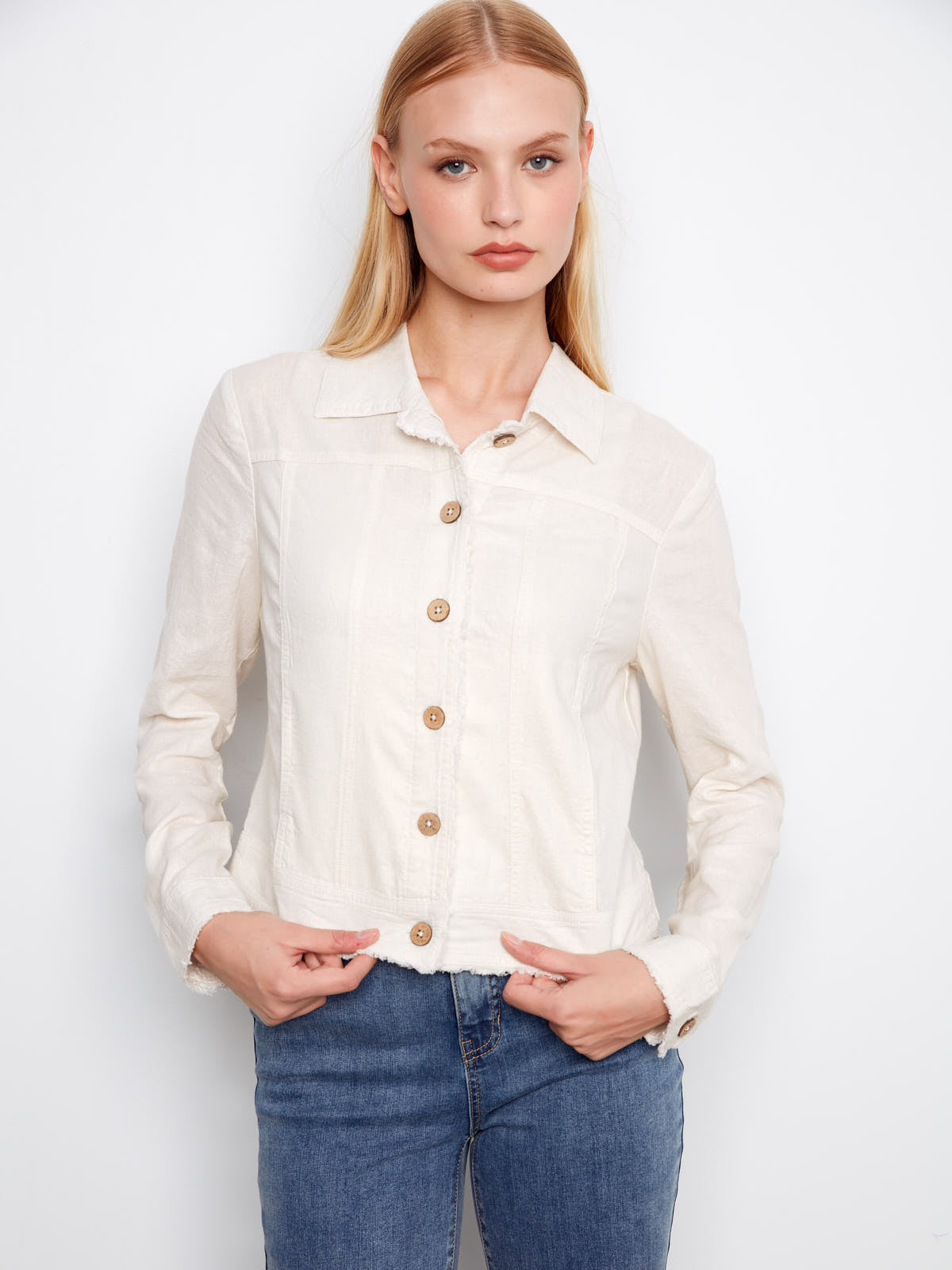 Charlie B Foiled Linen Jacket in champagne color styled with casual blue denim jeans, outerwear by Charlie B