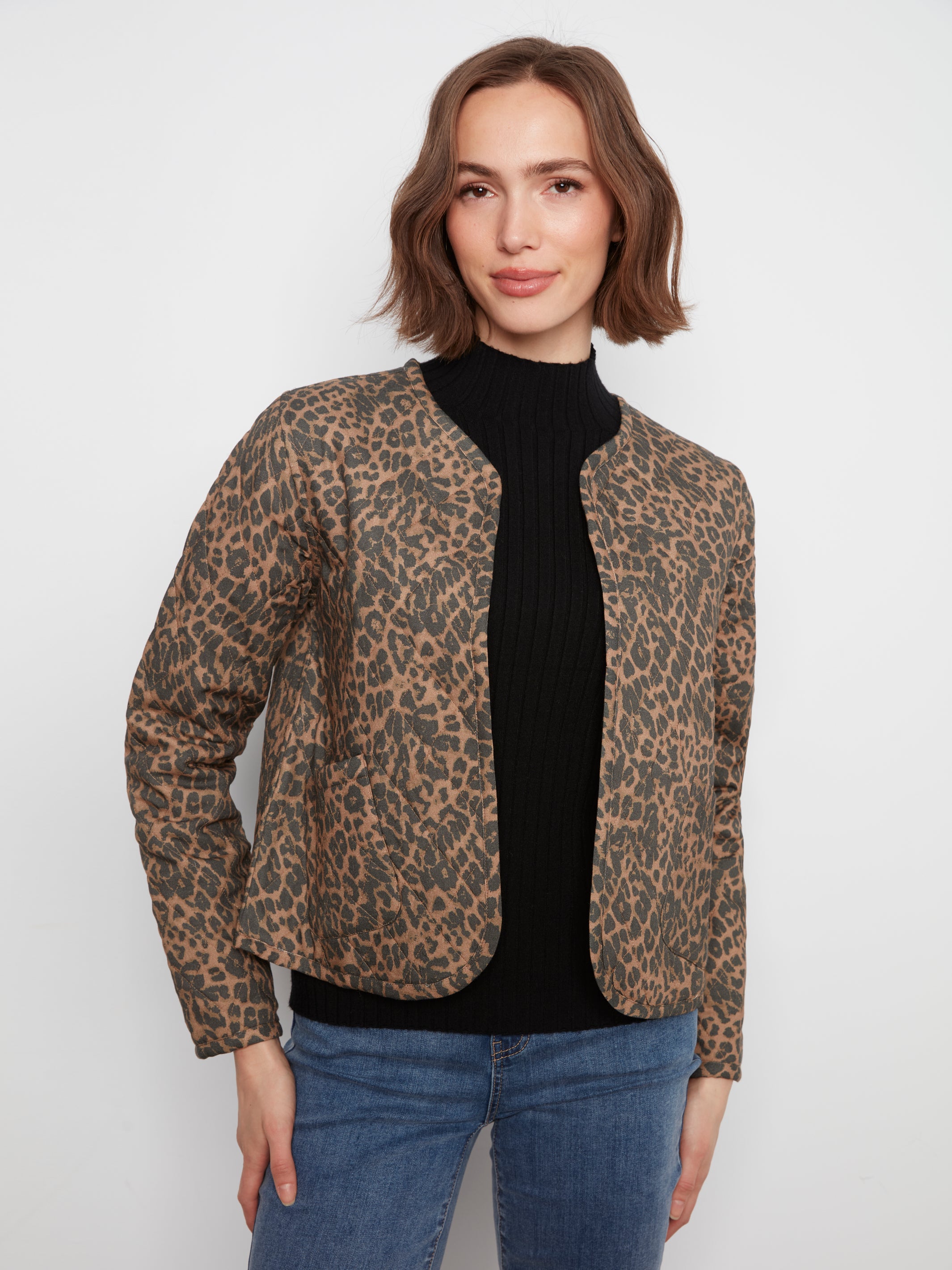 Charlie B Animal Print Quilted Open Jacket