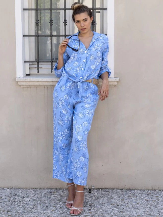Floral Outline Roll Sleeve Tie Front Linen Top by Cherishh in light blue with white floral detailing, styled for casual wear.