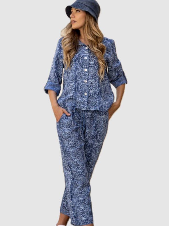 Cool Guy Linen Roll Sleeve Button Front Shirt by Cherishh in blue paisley print with rolled sleeves and white buttons