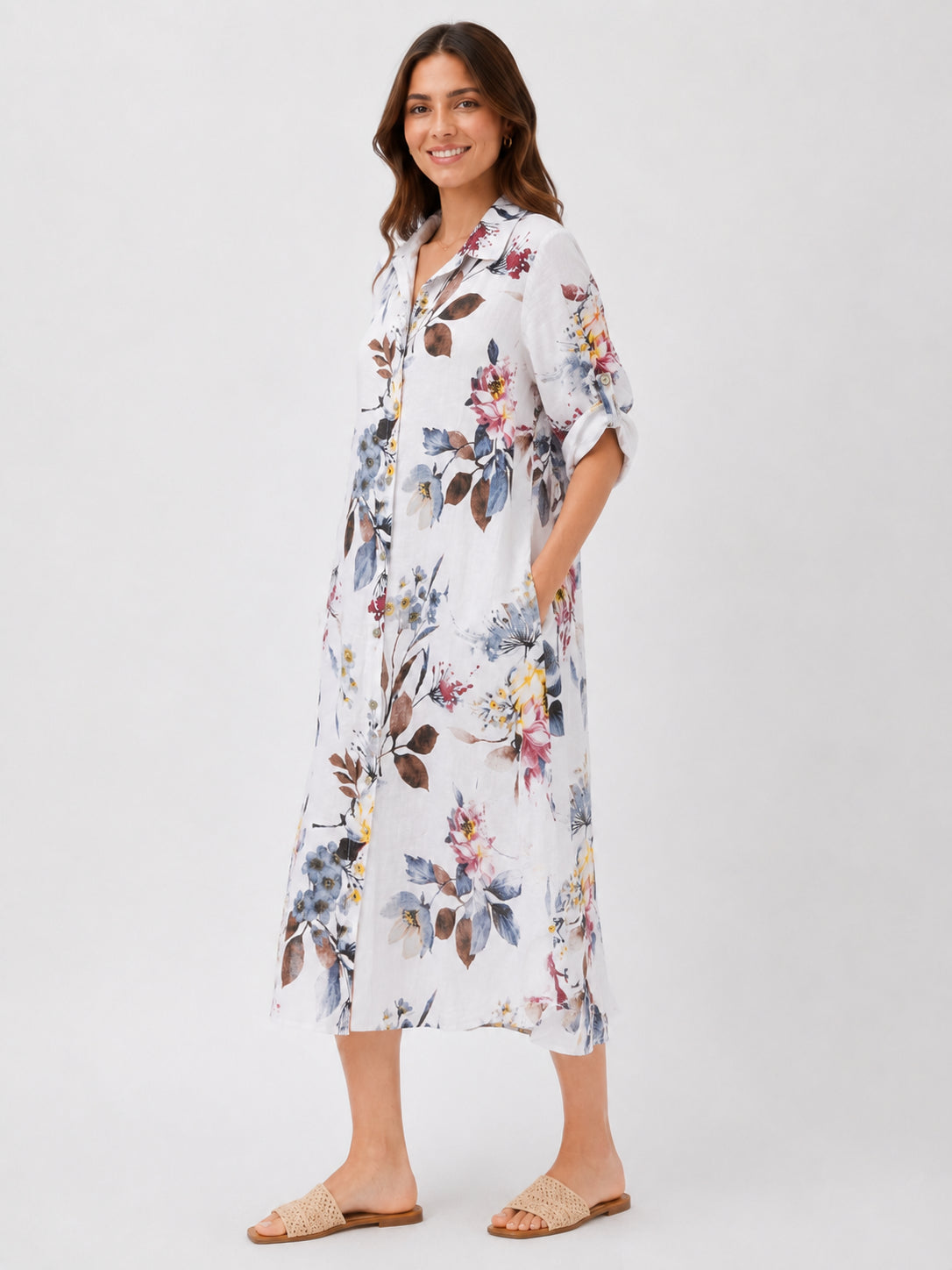 Deanna Floral Linen Button Front Dress