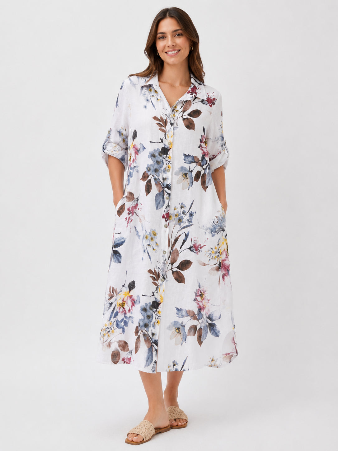 Deanna Floral Linen Button Front Dress