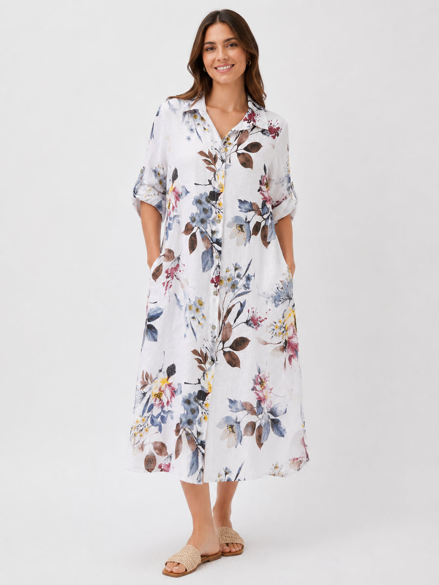 Deanna Floral Linen Button Front Dress