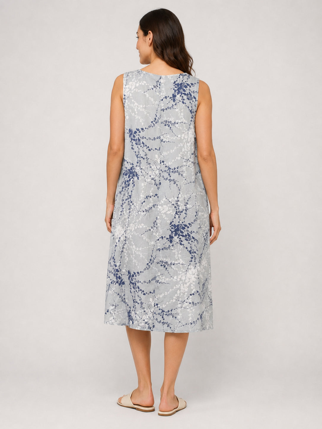 Fern Print Linen Sleeveless Pocket Dress