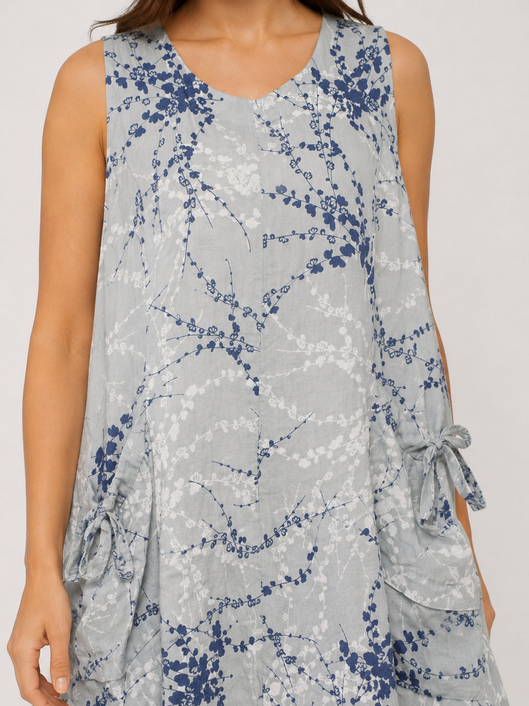 Fern Print Linen Sleeveless Pocket Dress