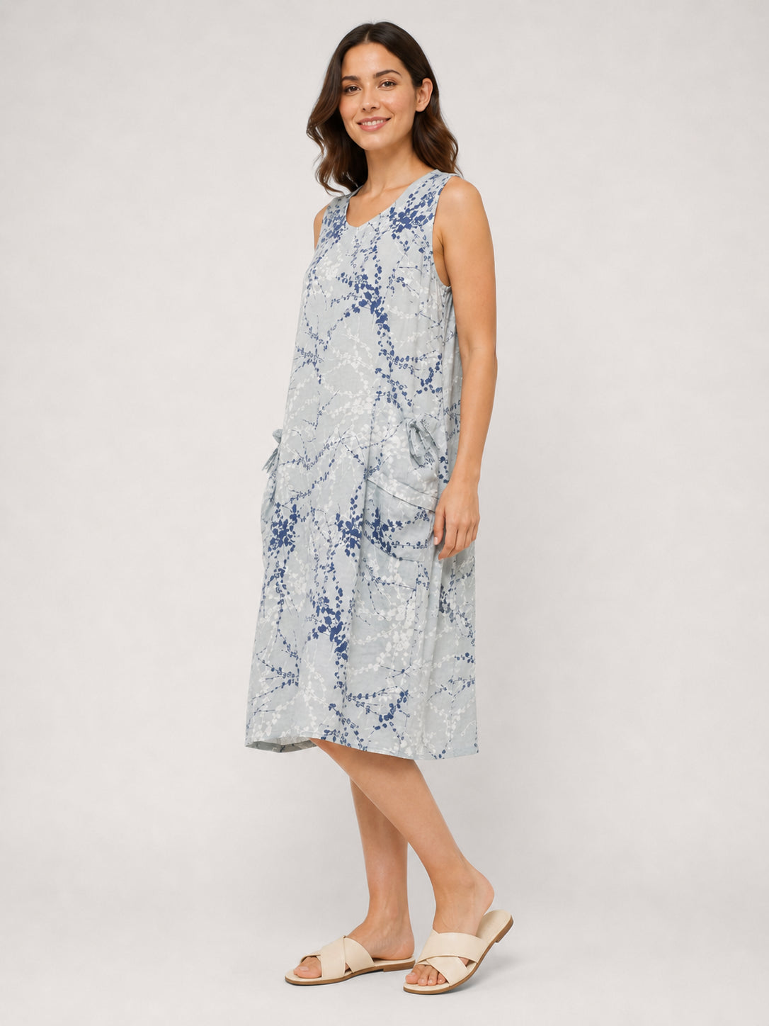 Fern Print Linen Sleeveless Pocket Dress
