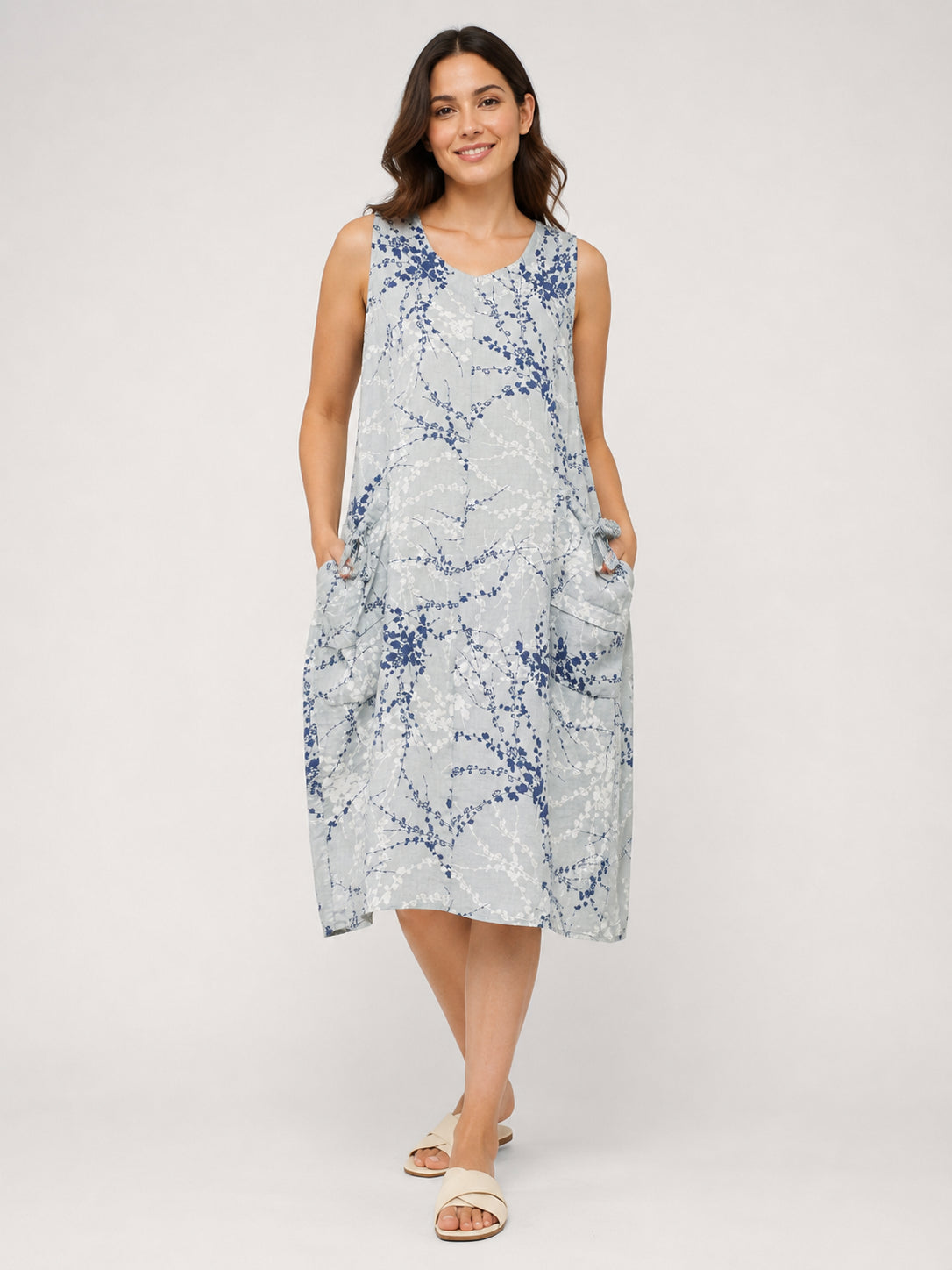 Fern Print Linen Sleeveless Pocket Dress
