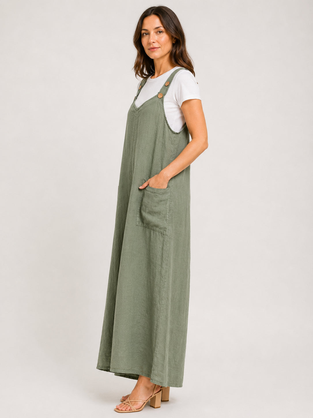 Olive green linen wide leg jumpsuit by Cherishh with front pocket and shoulder button straps, So Easy Solid Linen Wide Leg Jumpsuit
