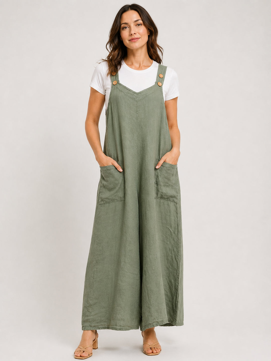 So Easy Solid Linen Wide Leg Jumpsuit in olive green with wide legs and front pockets by Cherishh.