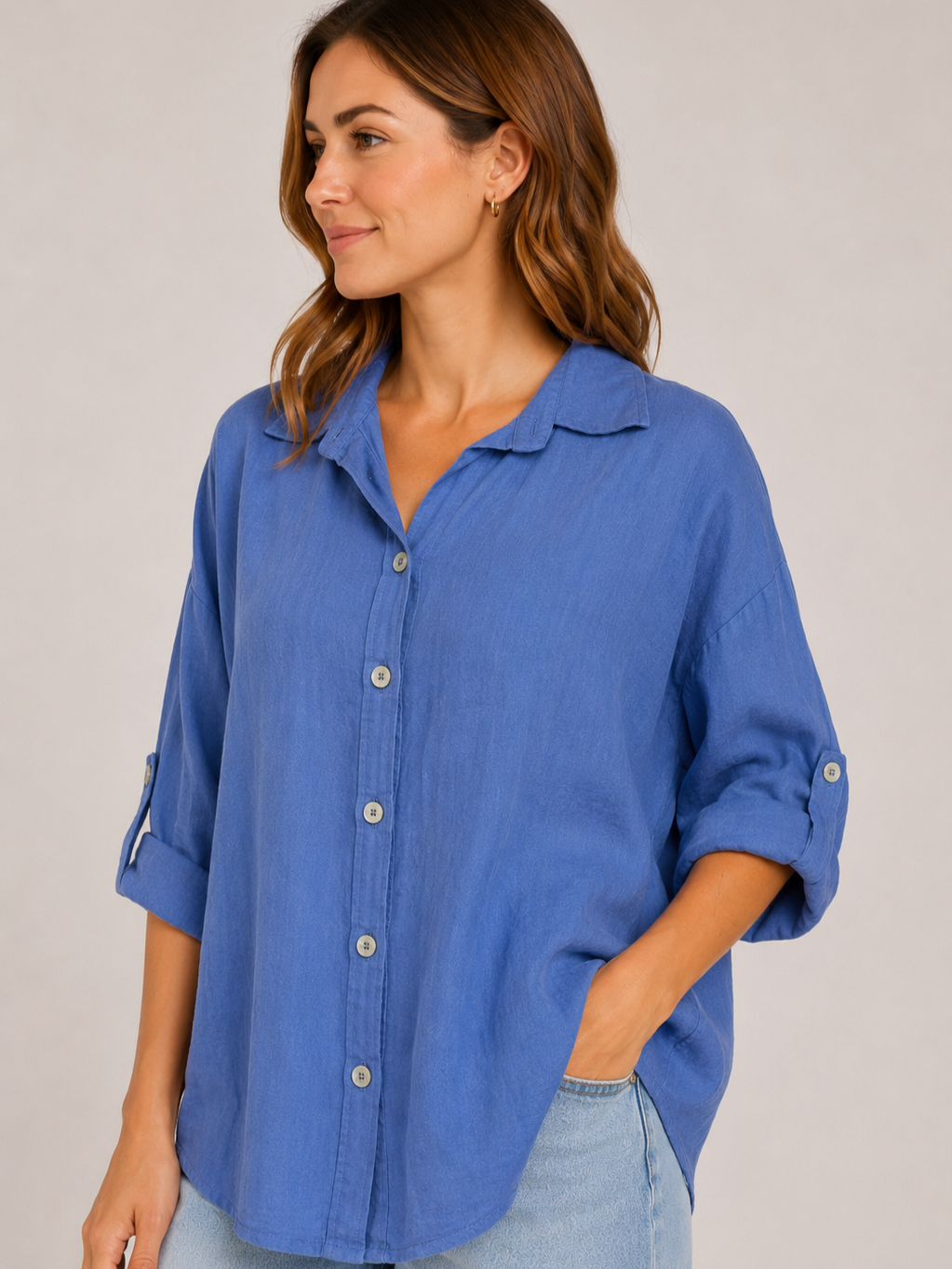 Blue Linen Roll Sleeve Button Front Lightweight Top by Cherishh with rolled sleeves and front buttons