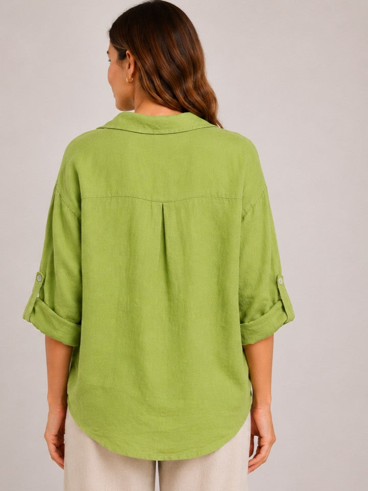 Back view of a lime green Linen Roll Sleeve Button Front Lightweight Top by Cherishh with rolled sleeves.