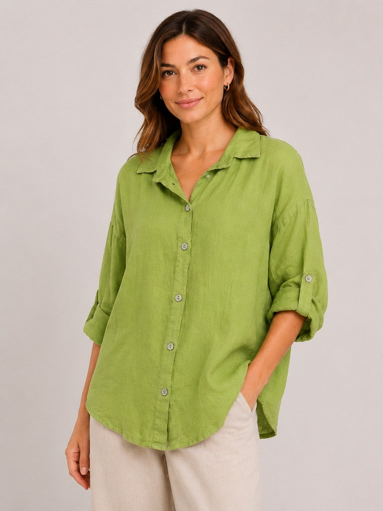 Lime green Linen Roll Sleeve Button Front Lightweight Top by Cherishh with lightweight fabric and relaxed fit.