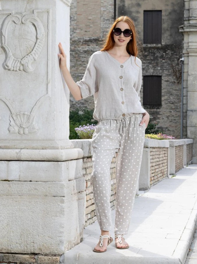 Tie Waist Button Front Roll Sleeve Linen Top by Cherishh in beige linen with rolled sleeves and button front detail