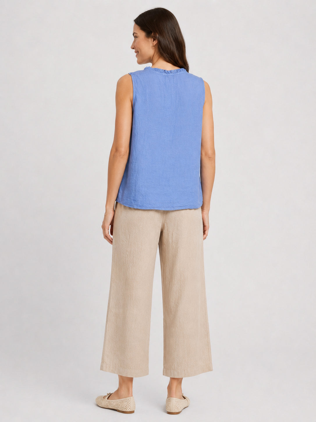Ruffle Trim V-Neck Linen Sleeveless Top