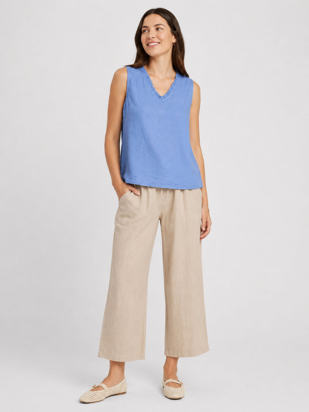 Ruffle Trim V-Neck Linen Sleeveless Top