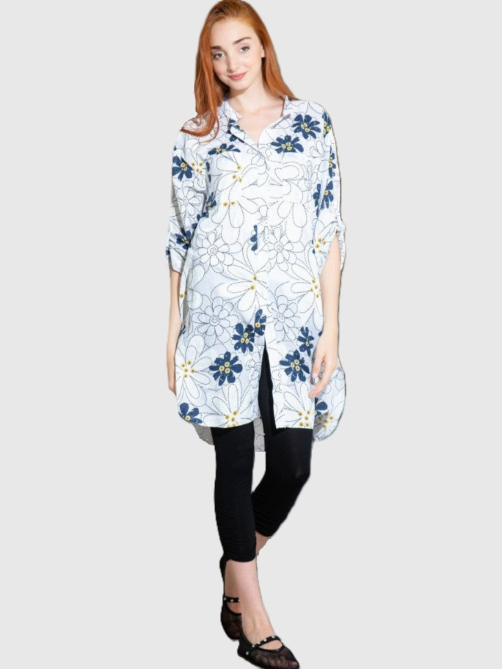 Blue Floral Roll Sleeve Button Front Tunic Shirt by Cherishh featuring floral print and rolled sleeve design with front buttons