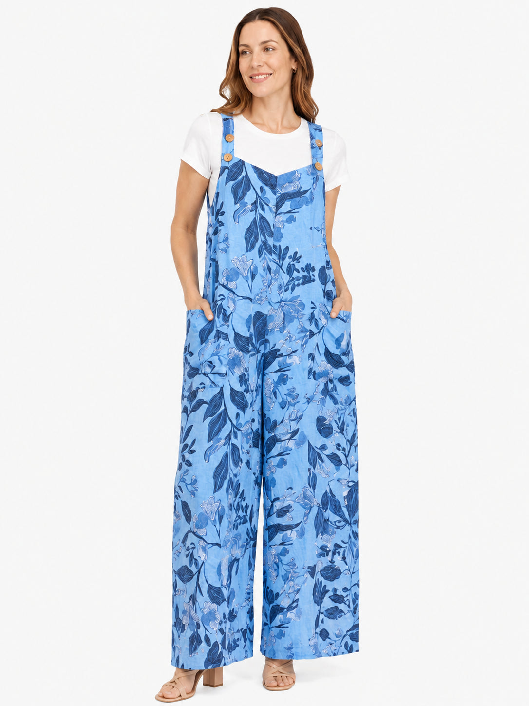 So Easy Printed Linen Wide Leg Jumpsuit by Cherishh in blue with floral print and wide leg design.