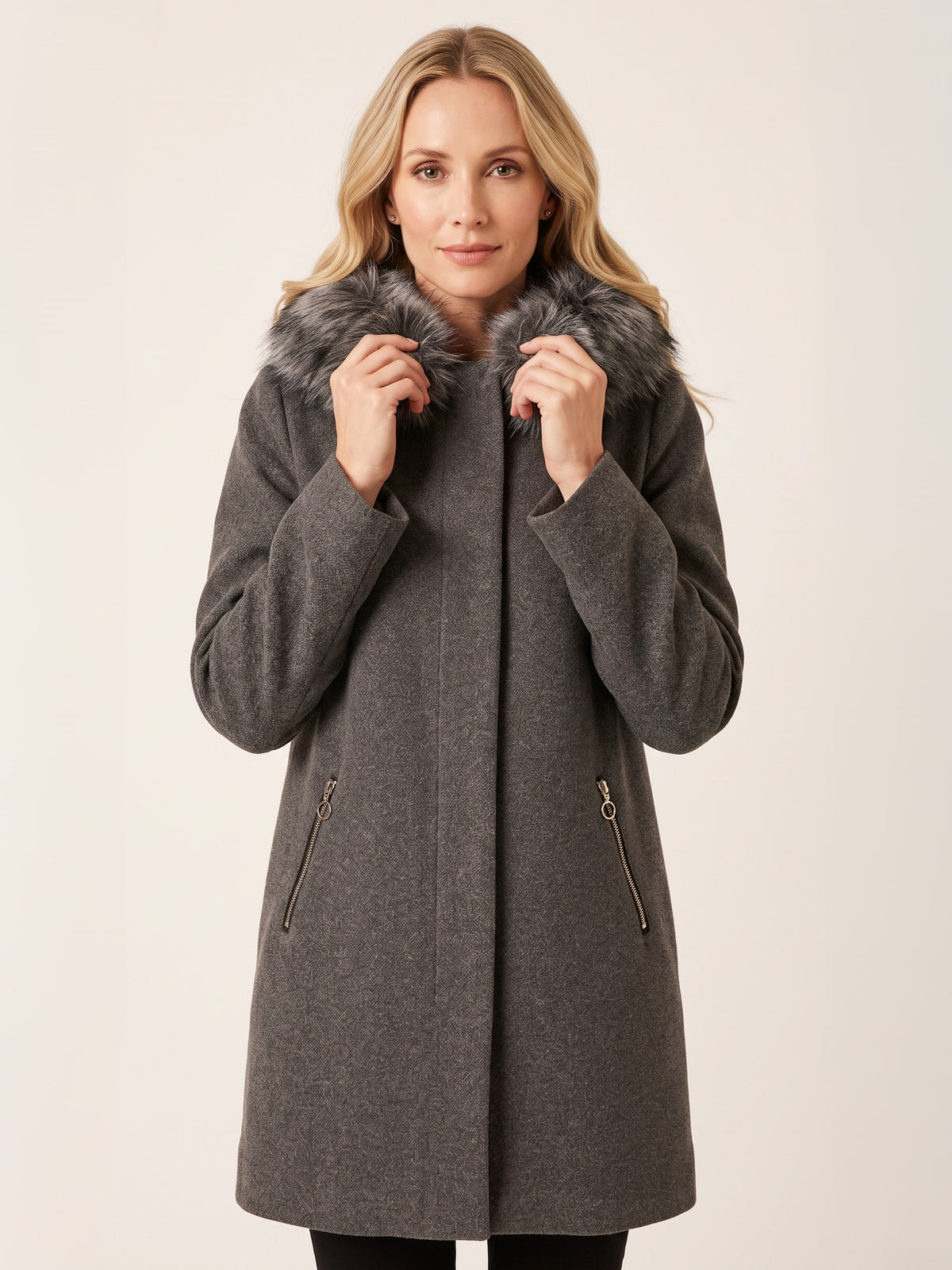 Nella Fur Trim Hooded Wool Coat by Cherishh in charcoal with fur-trimmed hood and zip pockets