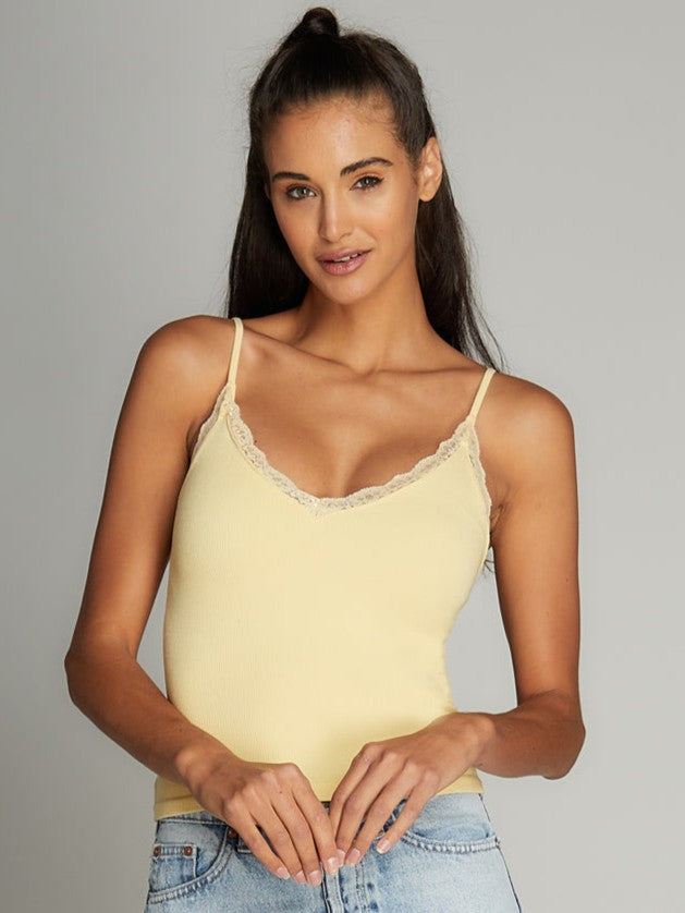 Lace Trim Bamboo Camisole in soft yellow by Coast To Coast Trading, featuring delicate lace detail and thin straps.