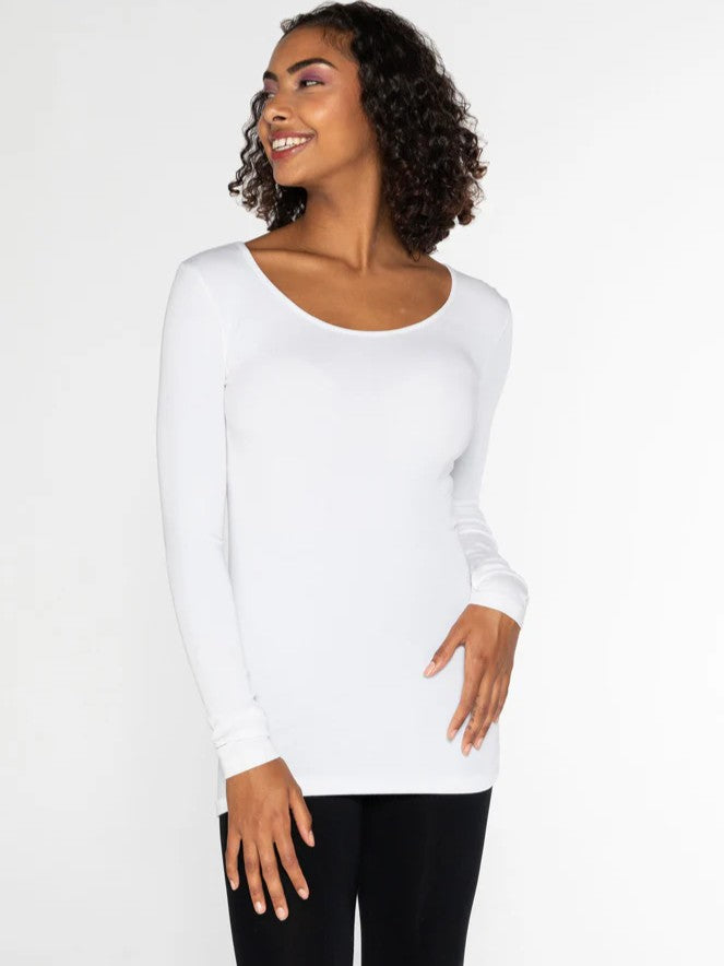 White Bamboo Long Sleeve Scoop Neck Top by Coast To Coast Trading, featuring a slim fit and smooth fabric detail.