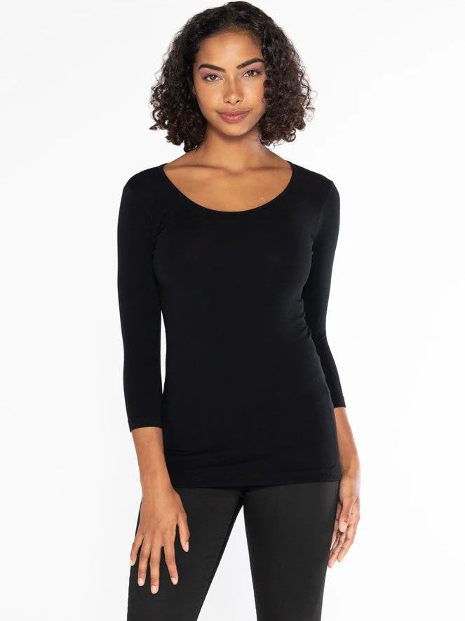 Black Bamboo 3/4 Sleeve Scoop Neck Tee by Coast To Coast Trading, featuring a fitted silhouette and soft fabric.