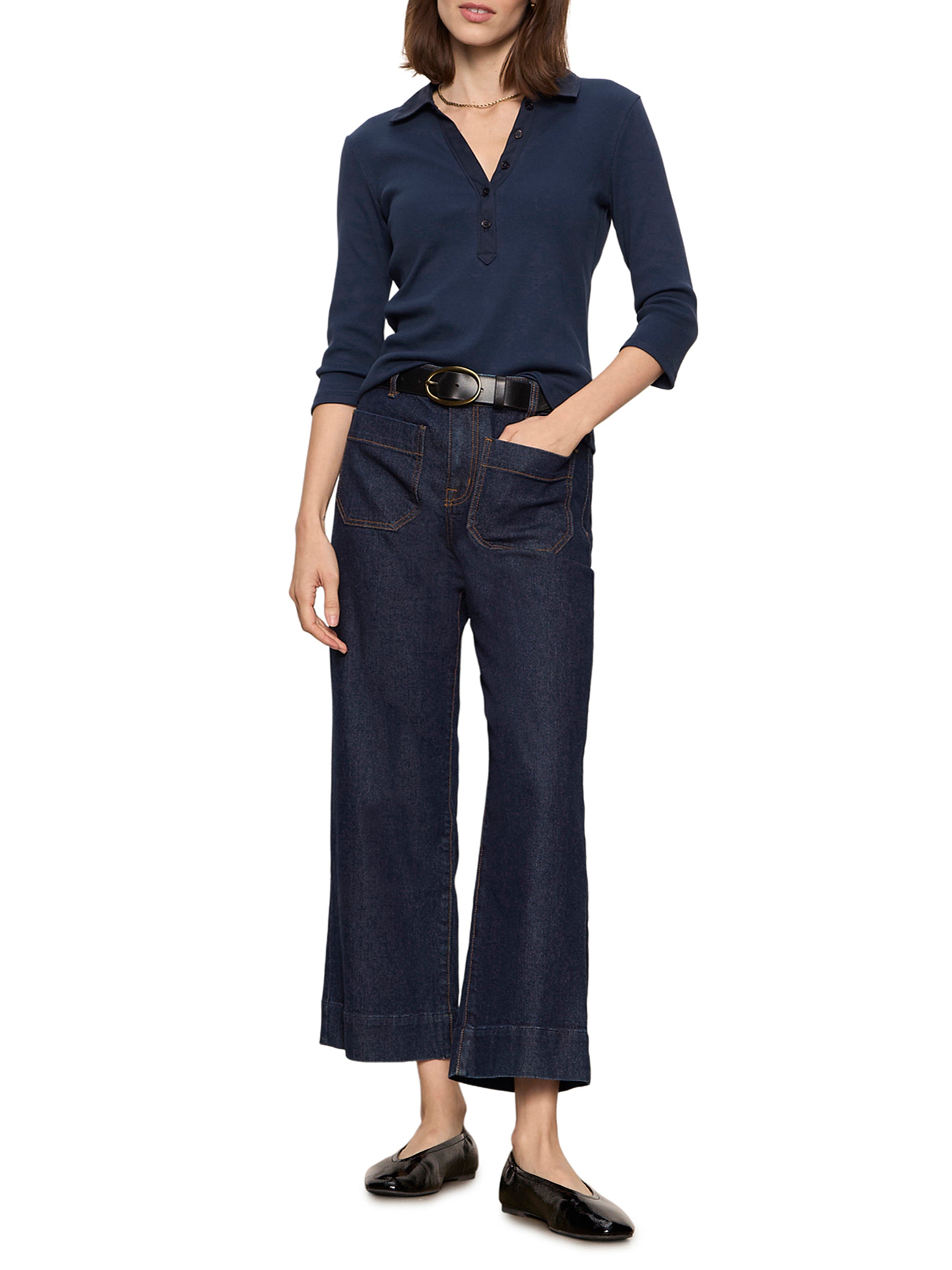 Sanctuary Marine Double Pocket 27” Denim Pant in dark blue with front pockets styled with black belt and flats