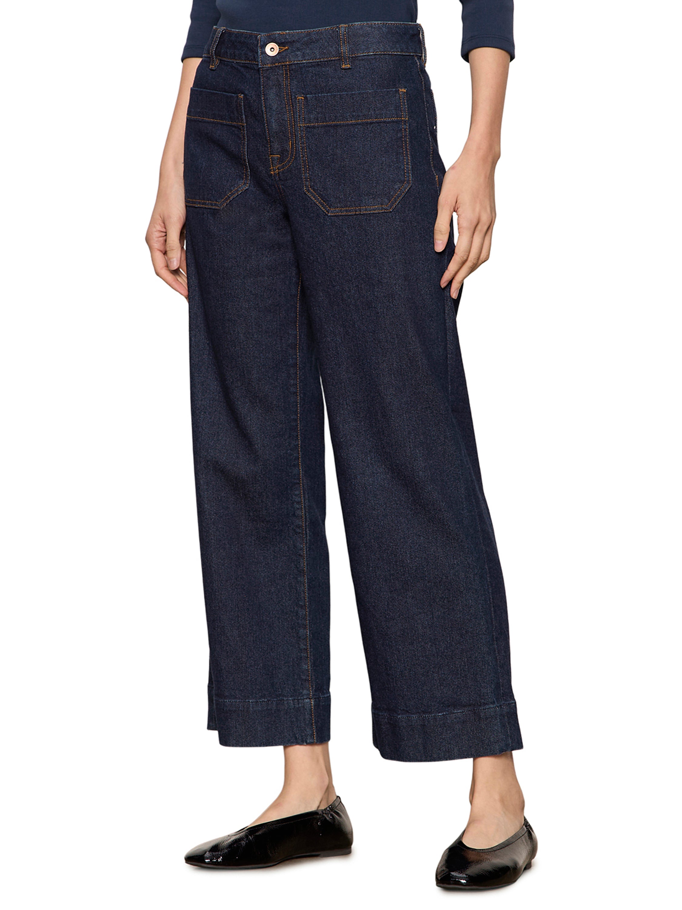 Sanctuary Marine Double Pocket 27” Denim Pant in dark denim with wide legs and front pockets by Sanctuary