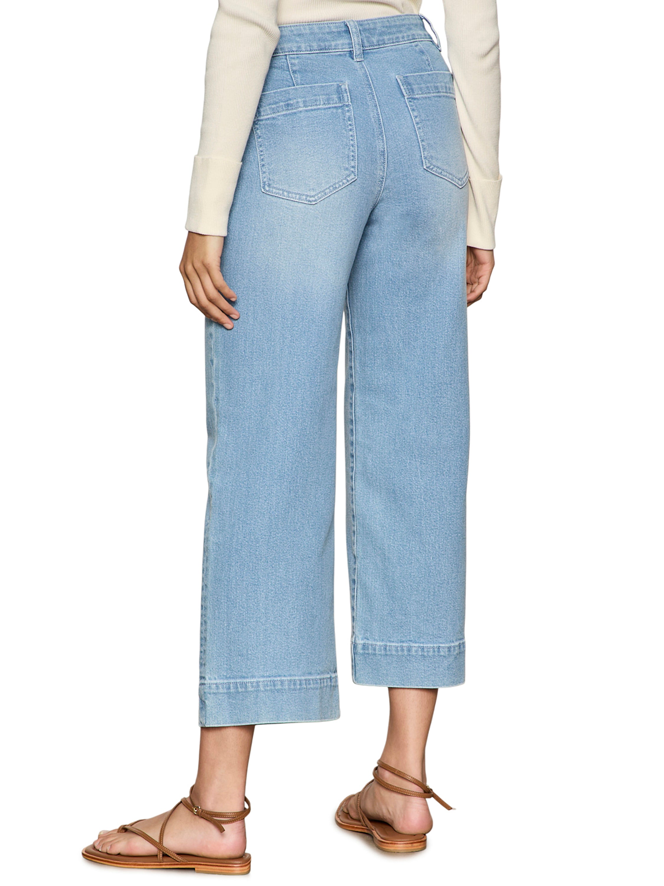 Sanctuary Marine Double Pocket 27” Denim Pant in light blue wash with wide-leg cut and double back pockets by Sanctuary