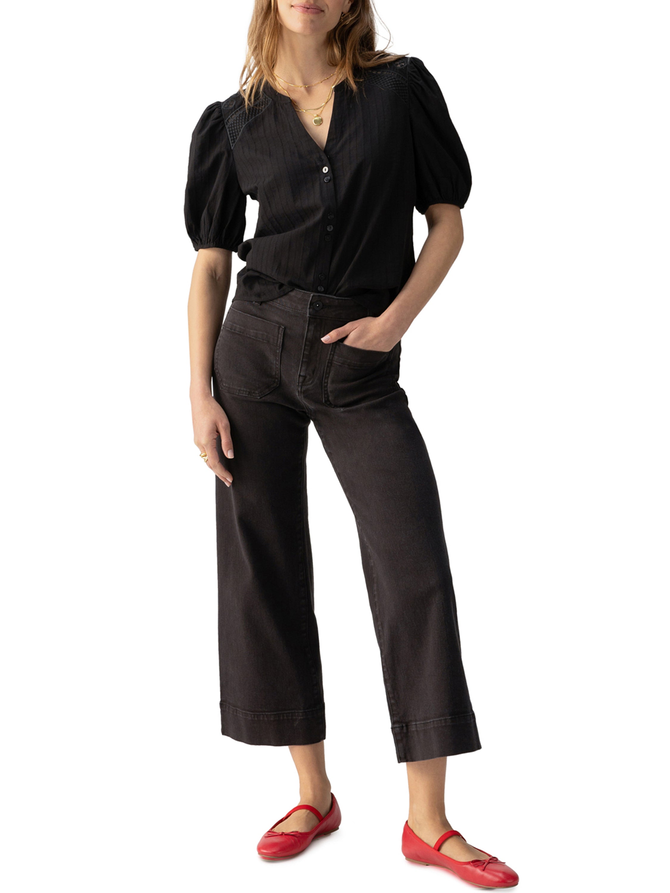 Sanctuary Marine Double Pocket Denim Pant in dark wash styled with black top and red shoes by Sanctuary.