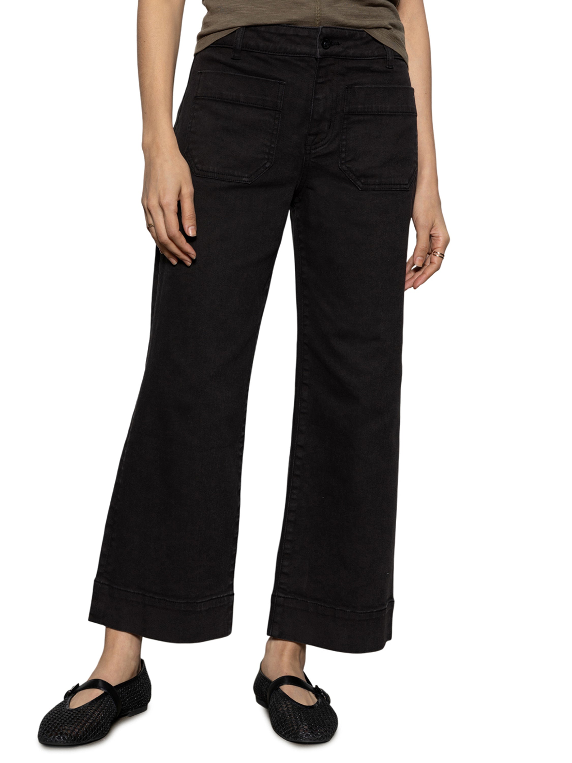 Black wide-leg denim pants with double front pockets from Sanctuary, styled as Sanctuary Marine Double Pocket Denim Pant