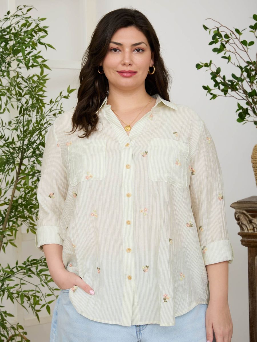 Light cream Floral Garden Long Sleeve Button-Up Shirt by Mine, with subtle floral embroidery and button details.