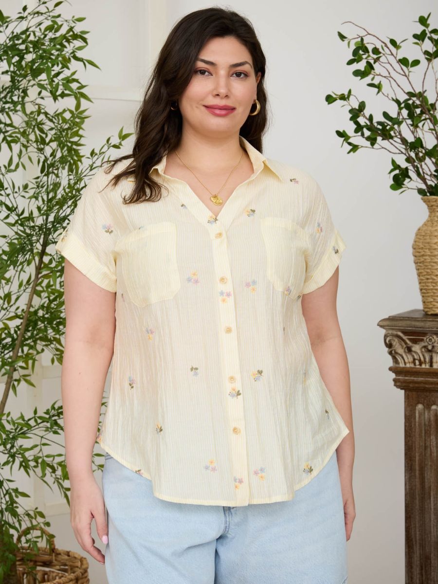 Yellow floral patterned Floral Garden Short Sleeve Button-Up Shirt by Mine styled with light denim jeans
