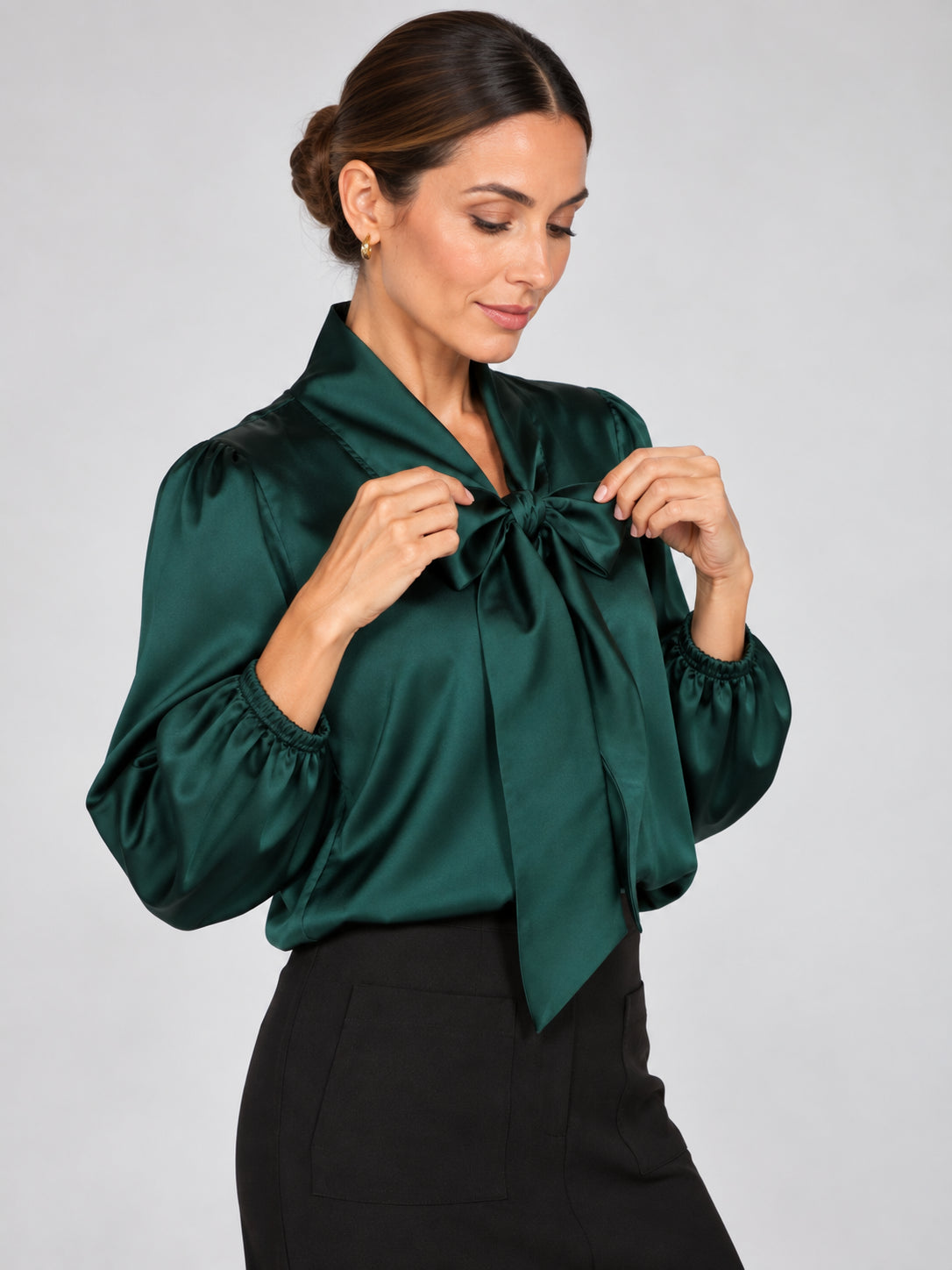 Tie My Bow Satin Long Sleeve Top by Emma & Olivia, emerald green satin blouse with bow neckline