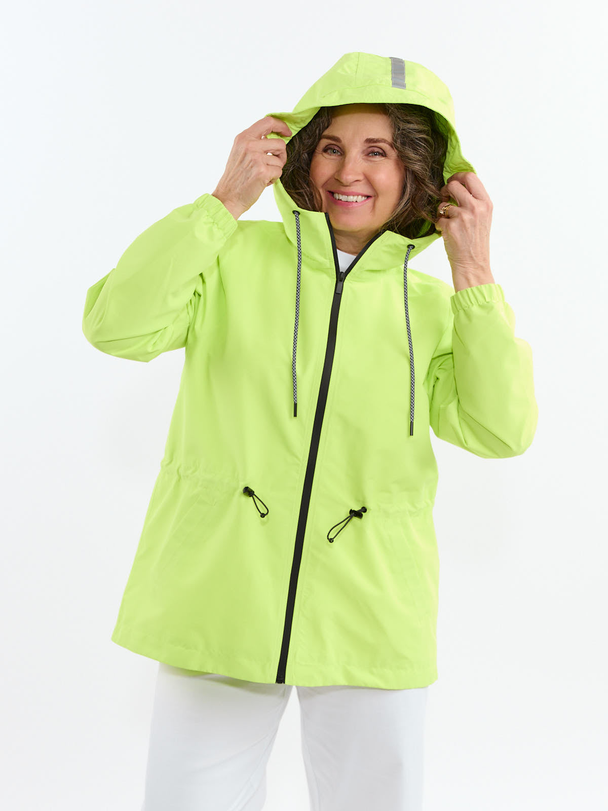 Bright green outerwear styled with a hood from Fashion Concepts featuring the Weather Ready 3/4 Length Waterproof Coat.