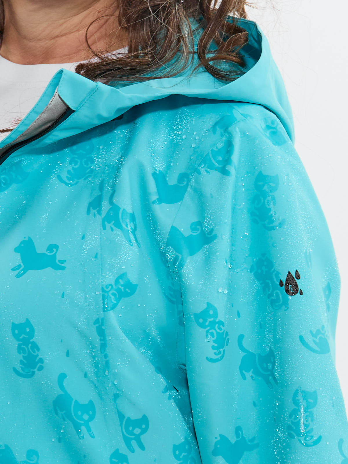 Close-up of aqua waterproof coat with subtle cat pattern and water droplets, Fashion Concepts Weather Ready 3/4 Length Waterproof Coat