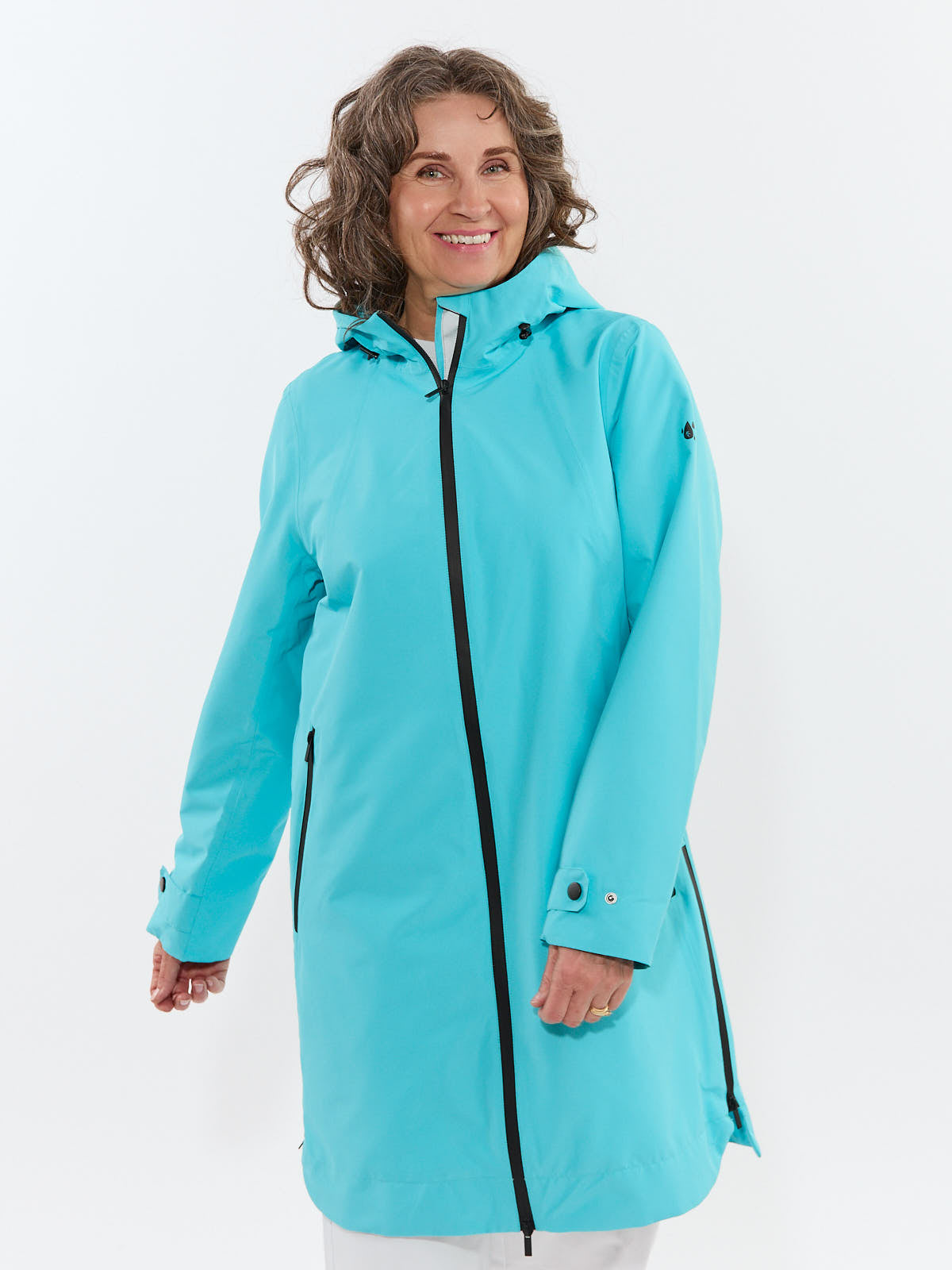 Fashion Concepts Weather Ready 3/4 Length Waterproof Coat in aqua blue outerwear with hood and zipper closure
