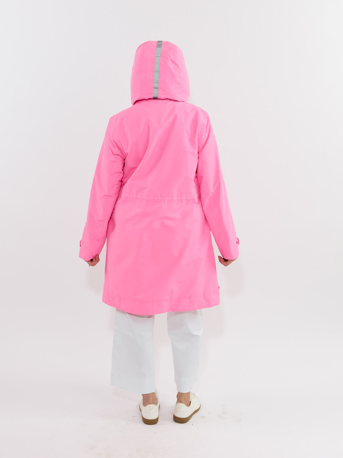 Back view of Fashion Concepts Weather Ready 3/4 Length Waterproof Coat in bright pink outerwear with hood and reflective strip