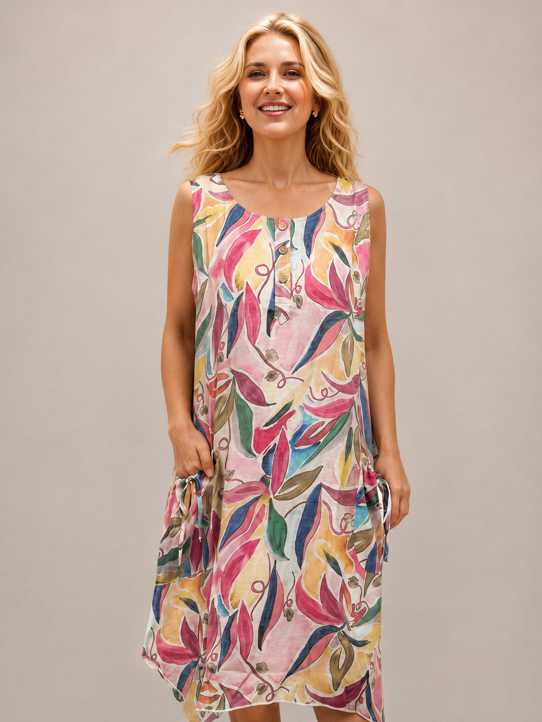 Creation Tropics Pocket Sleeveless Maxi Dress by Creations with vibrant multicolor leaf pattern and buttoned neckline detail
