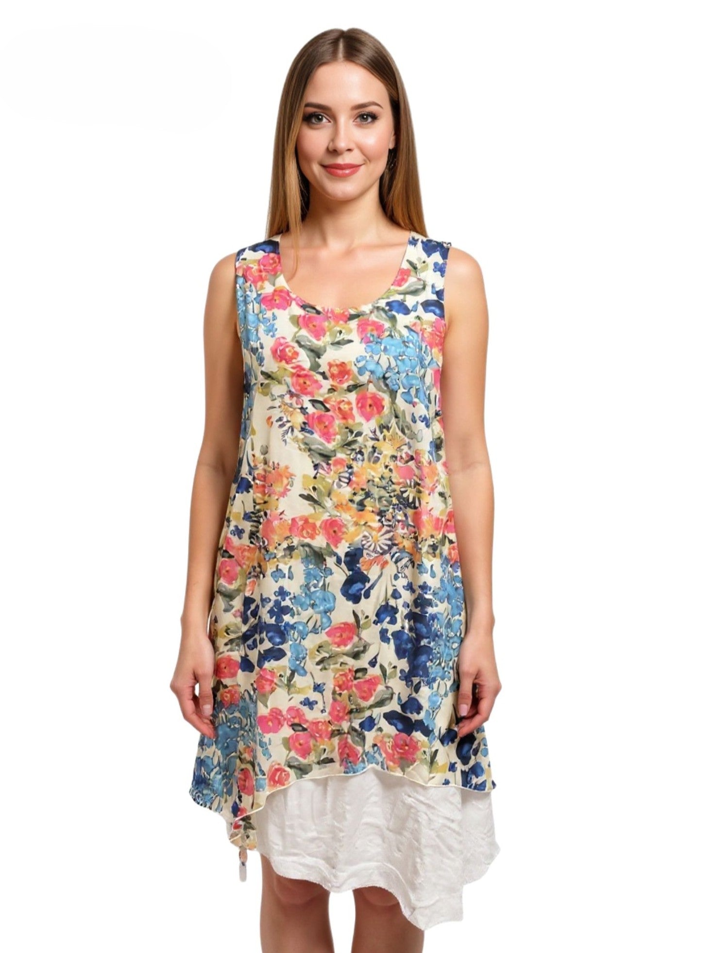 Creation Floral Layered Sleeveless Dress by Creations featuring a multicolor floral print with layered design and sleeveless cut.