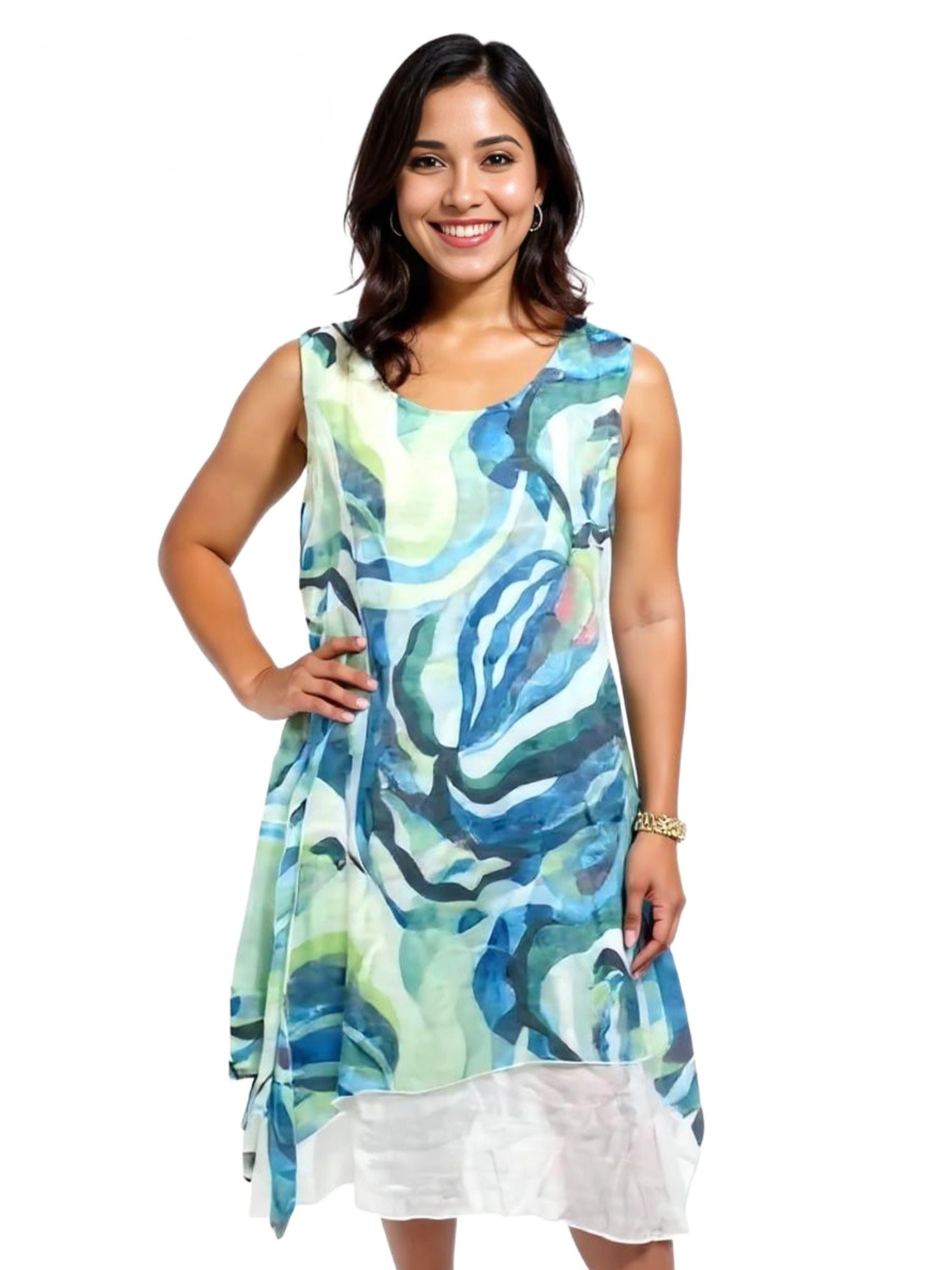Creation Ocean Layered Sleeveless Dress by Creations in blue and green abstract print with white layered hem.